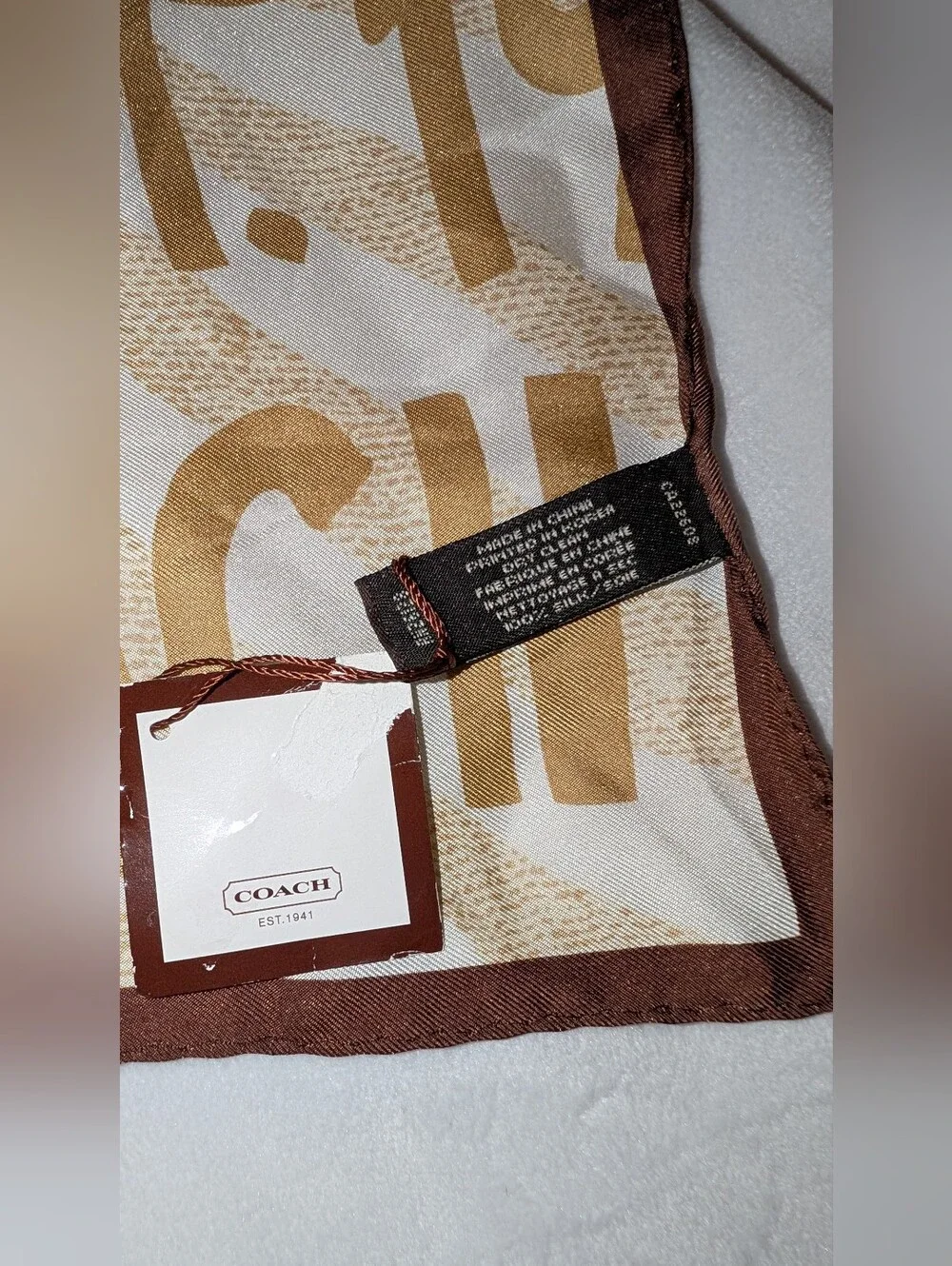 COACH Zebra Print Vintage Silk Scarf Tan Cream 27